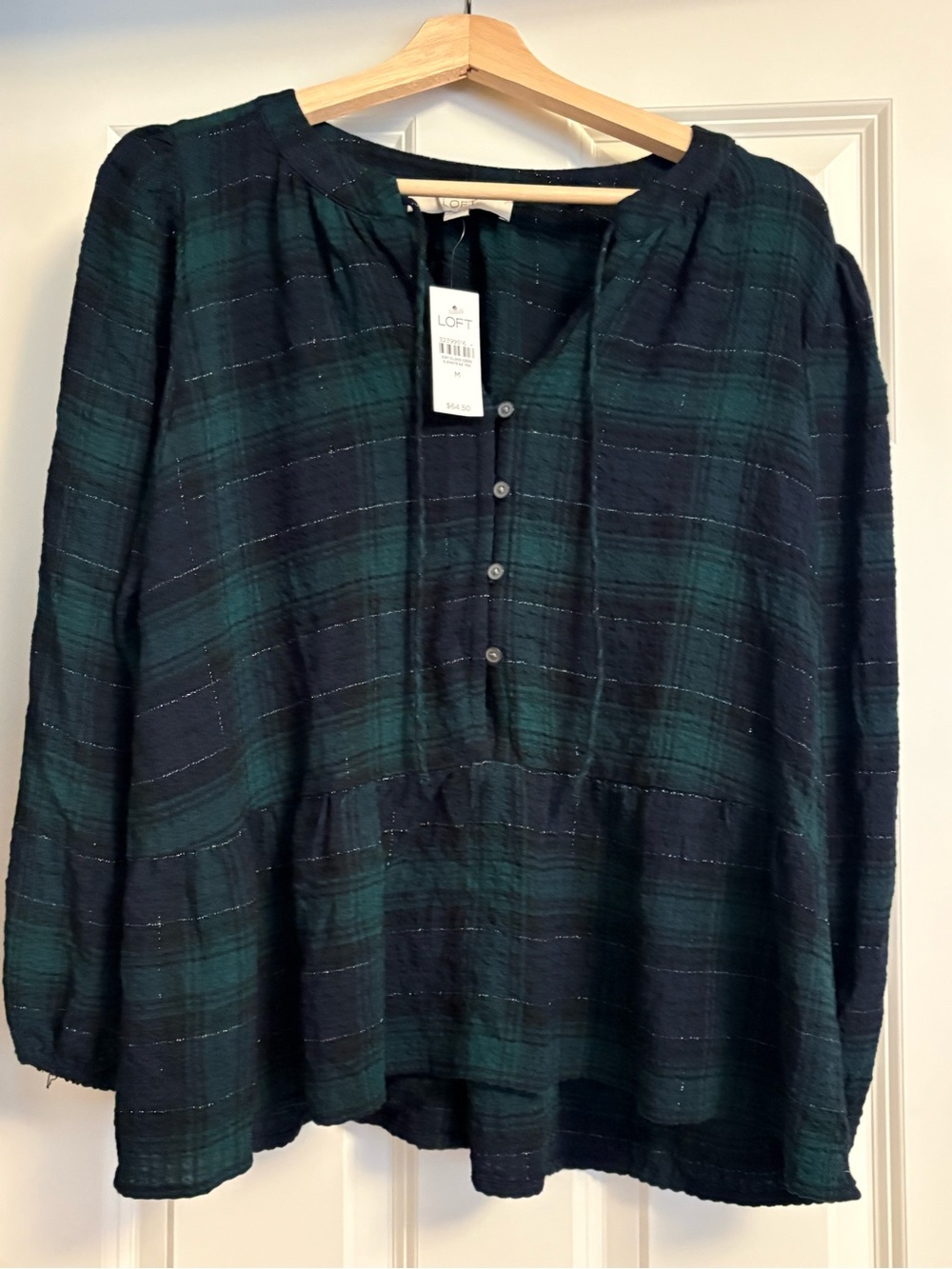 Ann Taylor LOFT Green Plaid Peasant Blouse